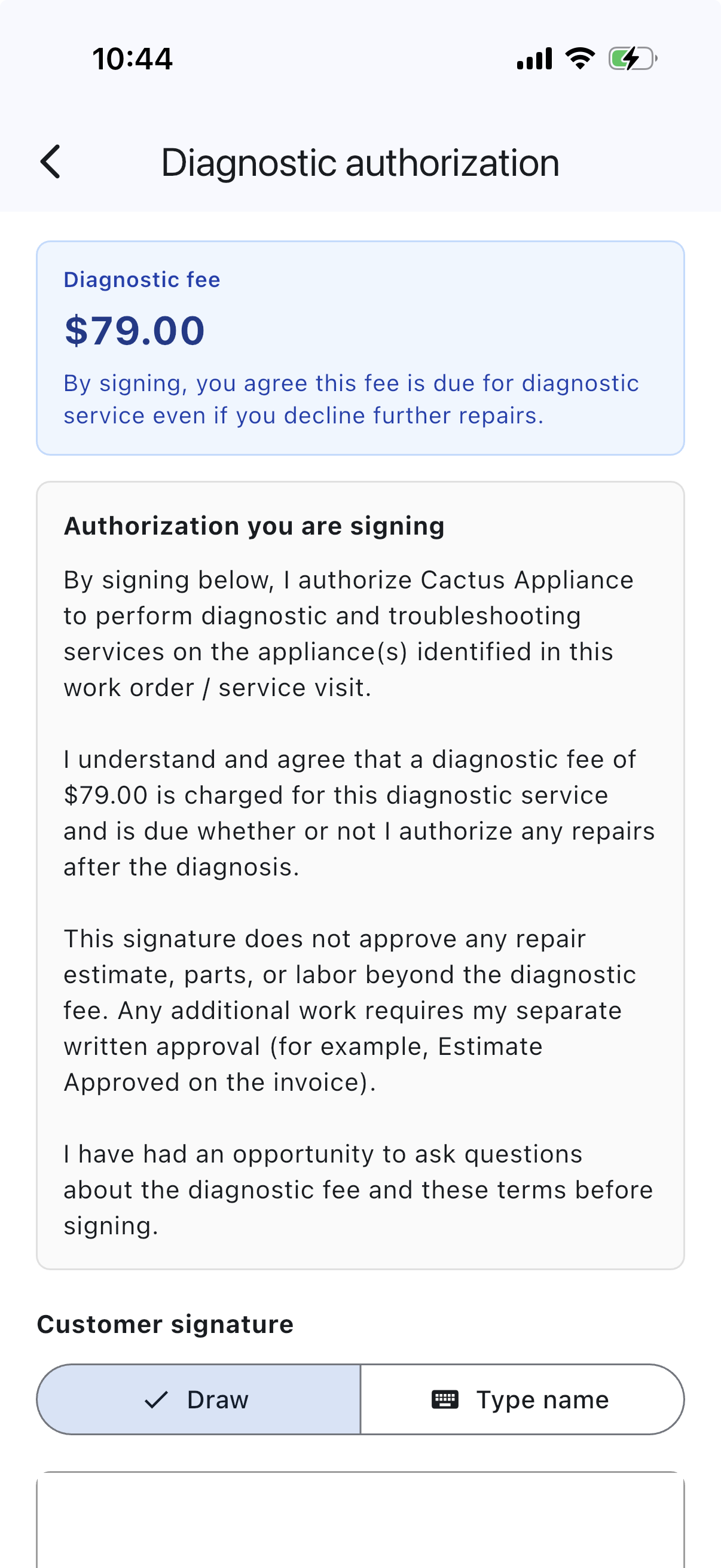 Taskrol diagnostic authorization on the phone: the $79 fee, the full text the customer is agreeing to, and a signature pad offering either a drawn signature or a typed name.