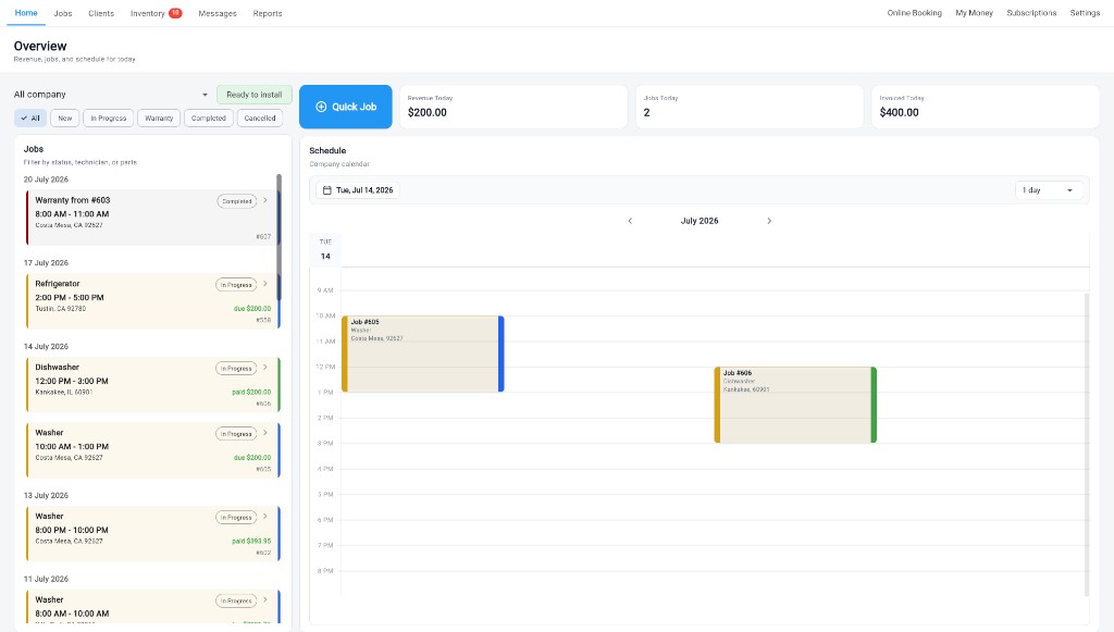 Taskrol web Overview: today's revenue, jobs list, and company schedule calendar
