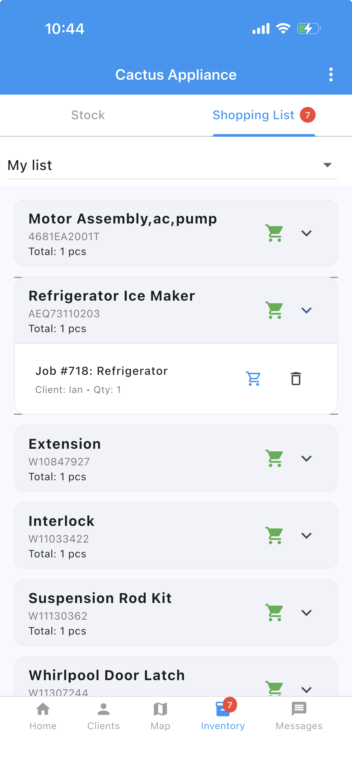 Taskrol personal shopping list on the phone: parts still to buy, including a refrigerator ice maker and a Whirlpool door latch, with one line expanded to show the job number and customer it came from.