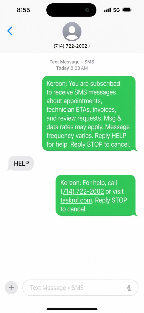 iPhone Messages with (714) 722-2002: Kereon sends an opt-in confirmation SMS listing message types, Msg and data rates may apply, message frequency varies, Reply HELP for help, Reply STOP to cancel; the user replies HELP; Kereon replies with a help message including the phone number and taskrol.com.