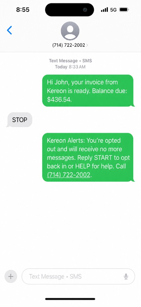 iPhone Messages: Hi John your invoice from Kereon is ready with balance due; user replies STOP; Kereon Alerts confirms opted out with Reply START to opt back in or HELP for help and call number.